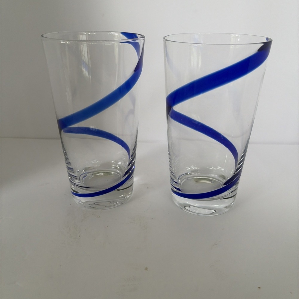 Pier 1 Swirline Cobalt Blue Tumbler Highball Glasses Spiral Set of 2